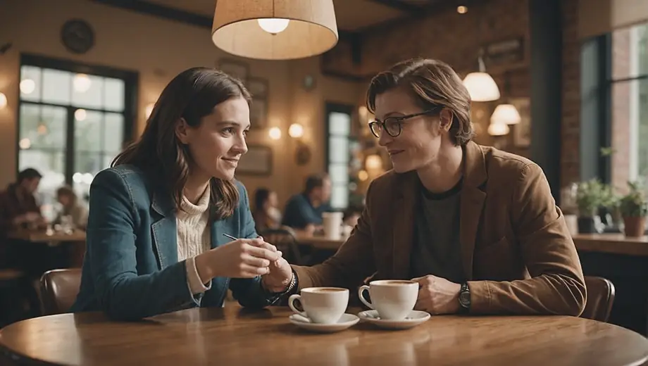 A customer and a professional engage in conversation at a cozy cafe, surrounded by warm lighting and inviting decor, as they discuss a project over steaming cups of coffee.