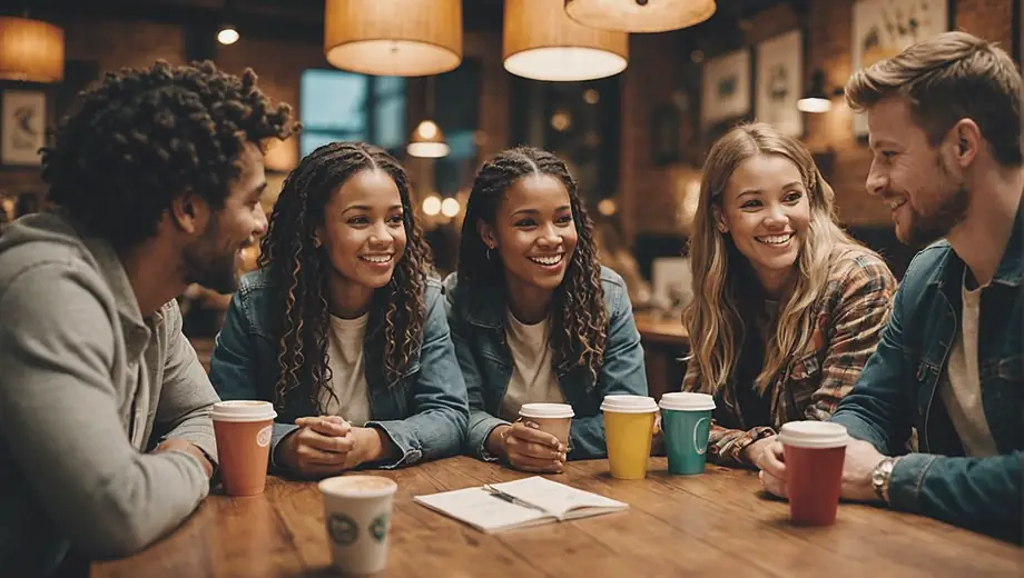 A diverse group of friends enjoying their time in a cozy coffee shop, sipping drinks and engaging in lively conversation at a wooden table surrounded by warm lighting and colorful artwork.