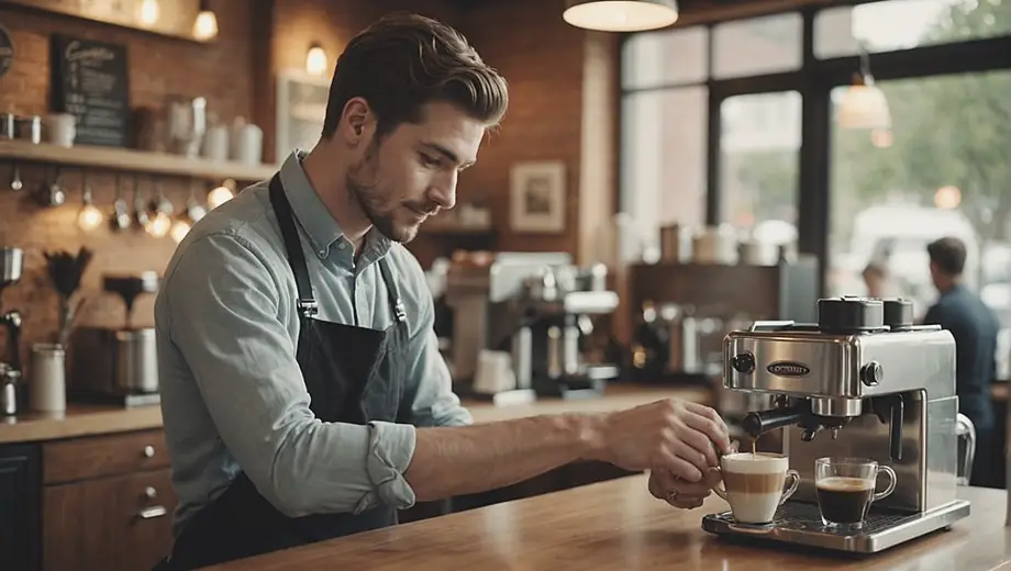 A barista prepares a coffee drink at a bustling cafe, showcasing attentive cafe service to a customer at the counter.