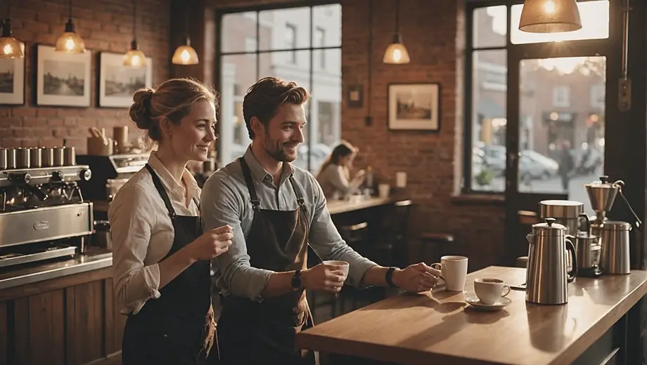 A customer and a professional barista engage in a friendly conversation at a cozy coffeehouse, surrounded by warm lighting and aromatic coffee brewing in the background.