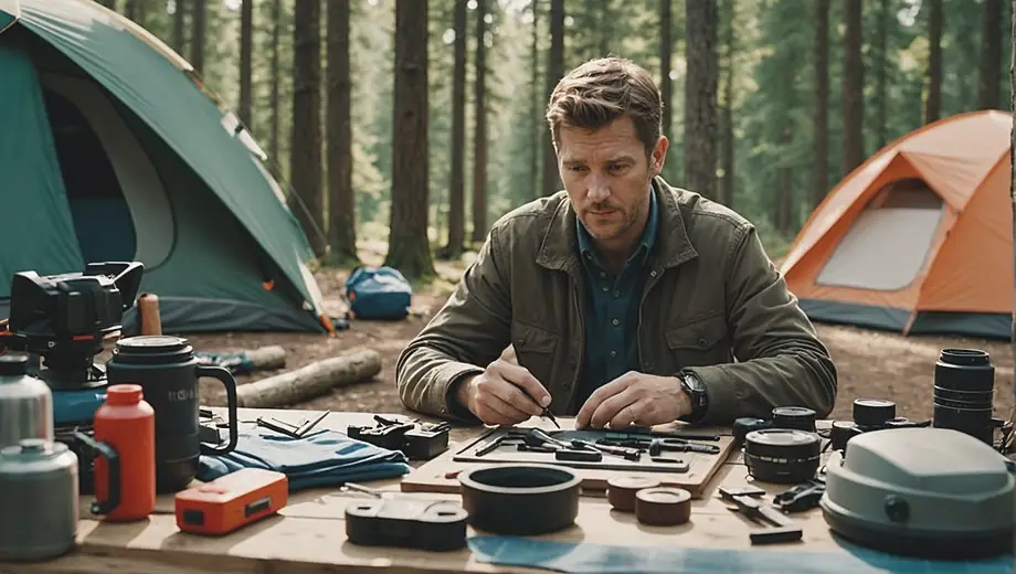 A customer consults with a professional on-site, examining a selection of camping gear laid out on a table, surrounded by trees and outdoor equipment.