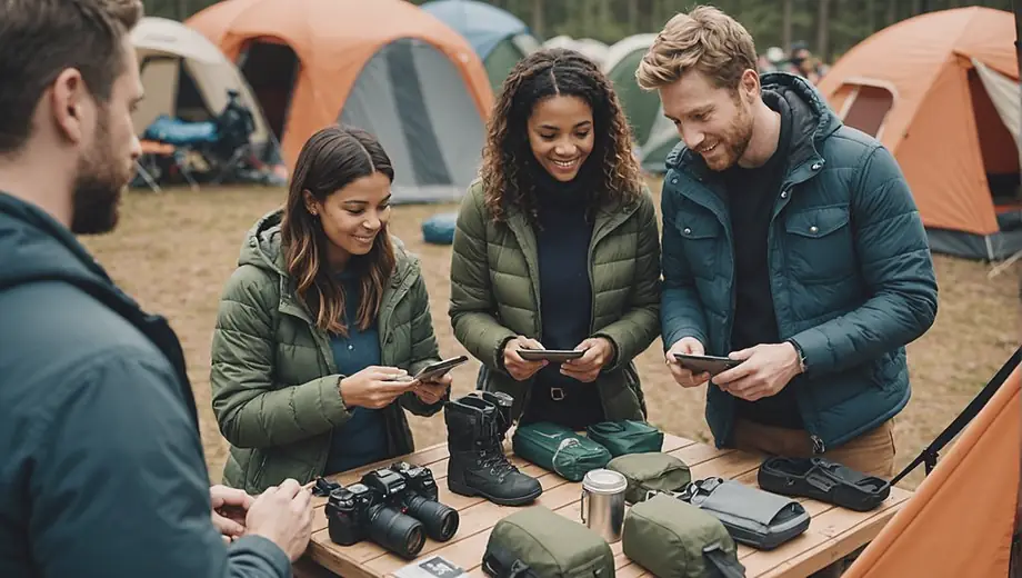 A diverse group of friends browsing a camping store, examining tents and outdoor gear while discussing their upcoming adventure.
