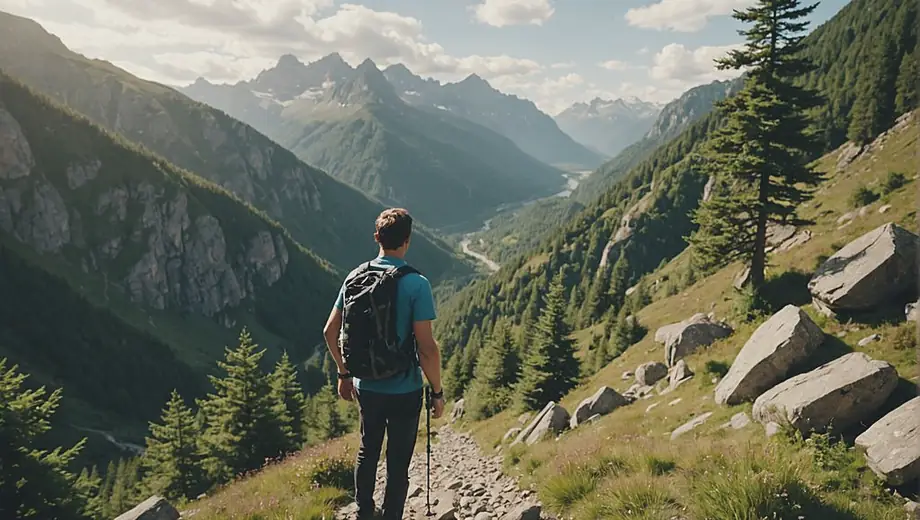 A person wearing outdoor gear stands confidently on a rocky trail, surrounded by lush greenery and towering mountains in the background.
