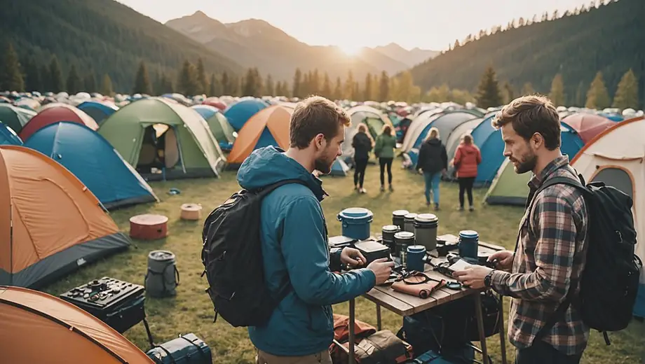 A customer discussing camping equipment with a professional at an outdoor gear store, surrounded by tents, backpacks, and other camping supplies.
