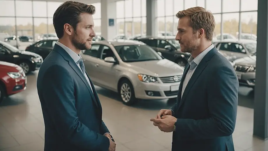 A customer and a professional engage in conversation at a car dealership, with various vehicles displayed in the background, showcasing a friendly and informative atmosphere.