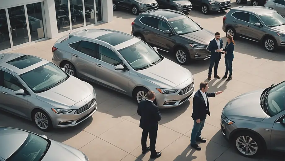 A diverse group of people interacting at an auto dealership, examining cars and discussing options with sales representatives.