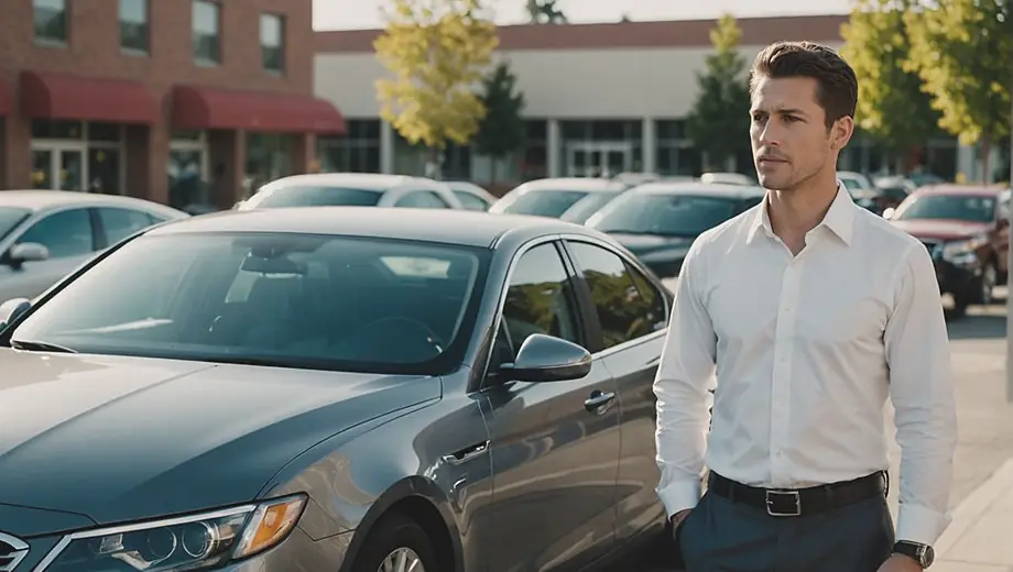 A salesperson stands confidently beside a sleek car on the lot, engaging with a potential buyer about car sales.