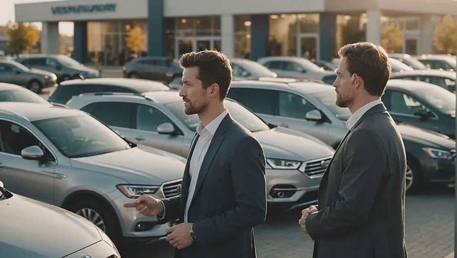 A customer and a professional discuss vehicle options at a vehicle dealership, surrounded by a variety of cars on display.