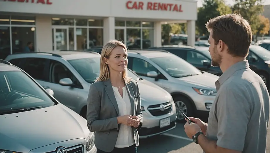 A customer and a professional discuss car rental options at a busy rental agency, with various vehicles visible in the background.
