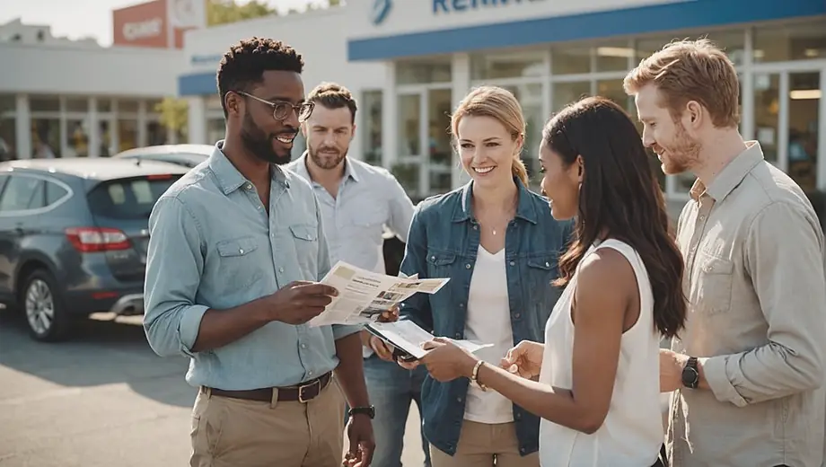 A diverse group of people standing in front of a vehicle rental office, discussing options and looking at brochures.