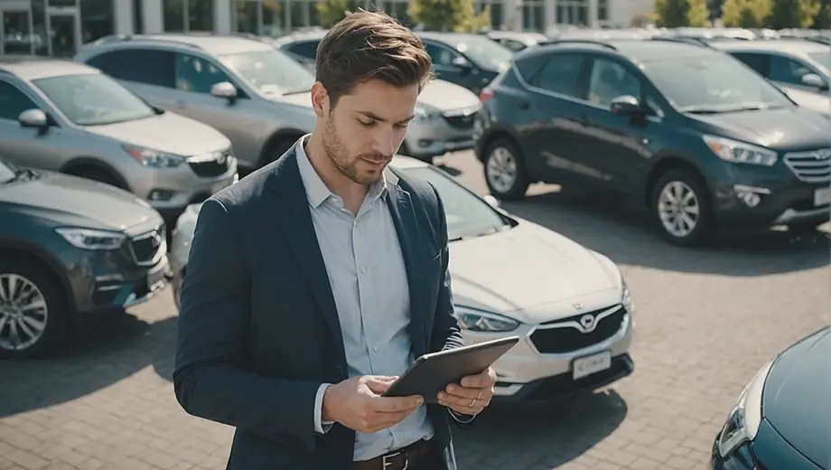 A person stands next to a parked car, reviewing car leasing options on a tablet while surrounded by a dealership setting.