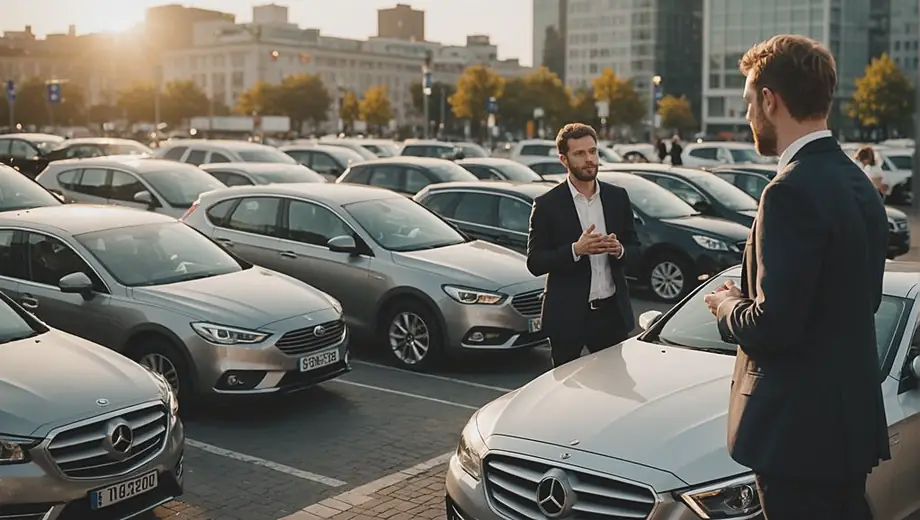 A customer discussing car hire options with a professional at a rental agency, surrounded by various vehicles on display.