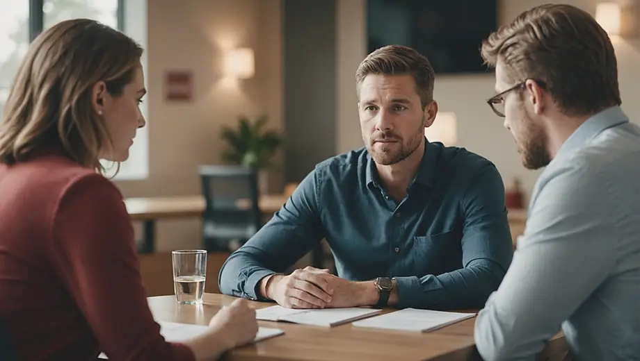 A customer engages in a focused discussion with a career coach on-site, exploring strategies for professional development and job search techniques.