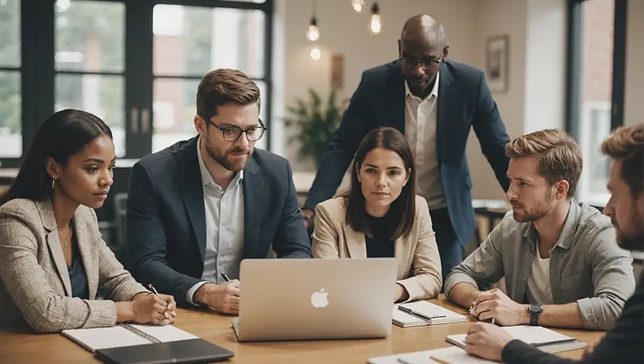 A diverse group of individuals engaged in a job coaching session, actively discussing career goals and strategies with a coach, surrounded by notebooks and laptops.