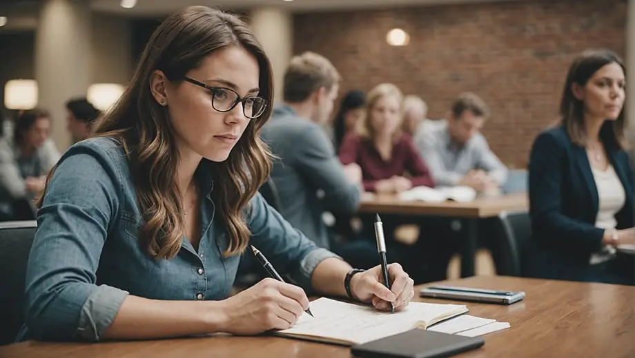 A professional engaged in a career development workshop, actively taking notes and participating in discussions.