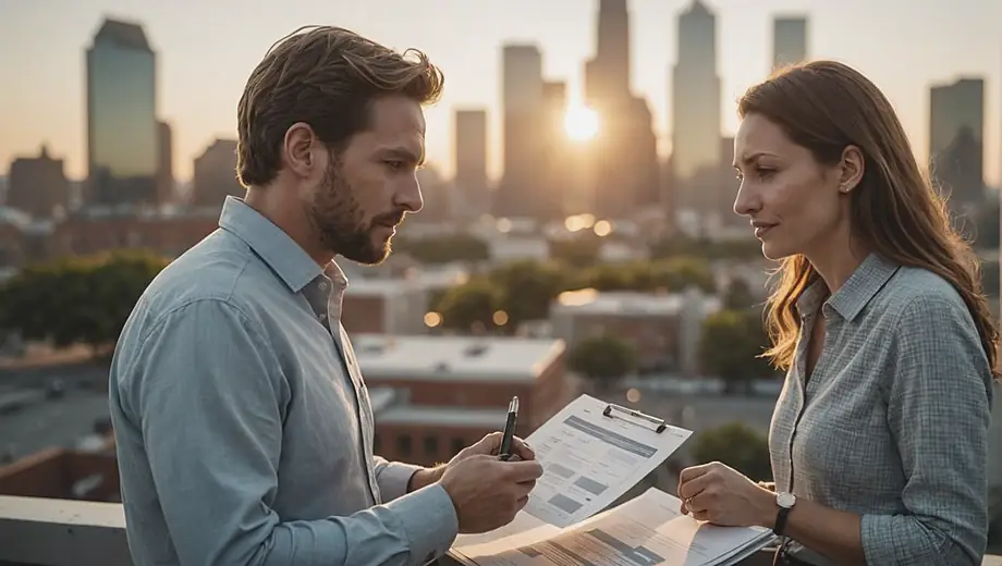 A customer discusses career strategy with a professional on site, both engaged in a focused conversation while reviewing documents and charts.