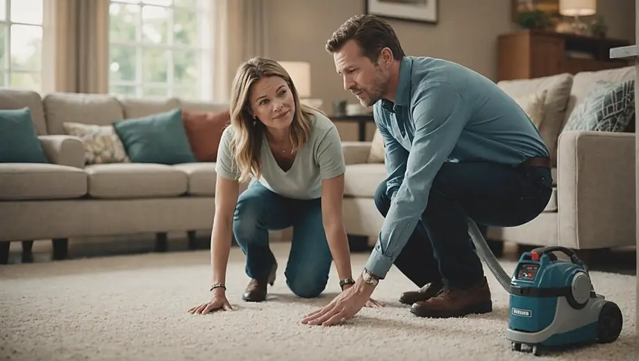 A customer discusses carpet cleaning options with a professional on site, as the expert demonstrates equipment and techniques for effective stain removal.