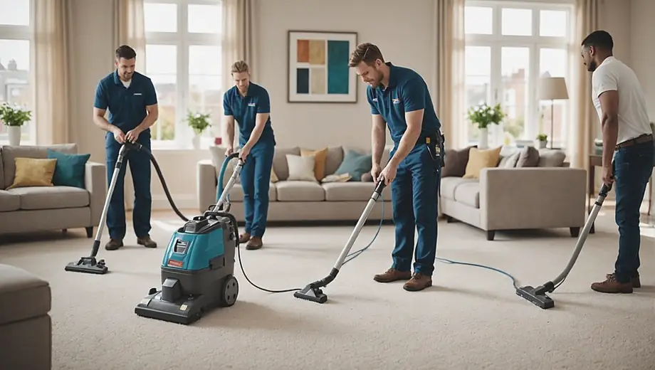 A diverse group of professionals from a carpet cleaning service are busy at work, using equipment to deep clean carpets in a bright, modern living room.