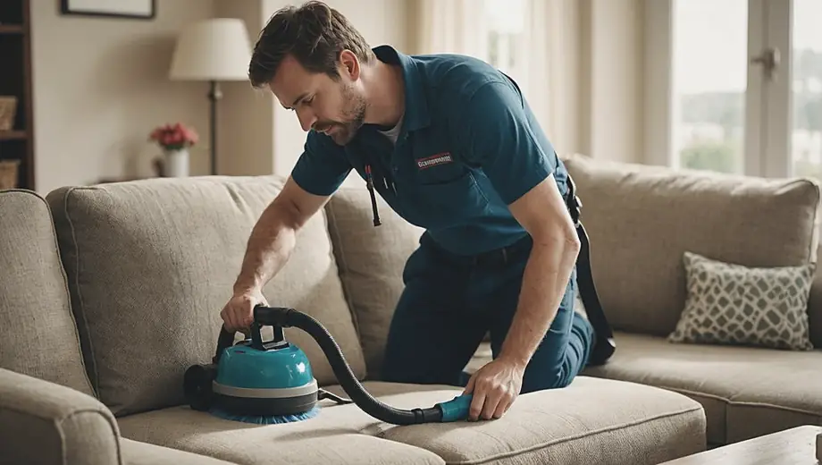A technician performing upholstery cleaning on a sofa, carefully using a steam cleaner to refresh the fabric and remove stains.