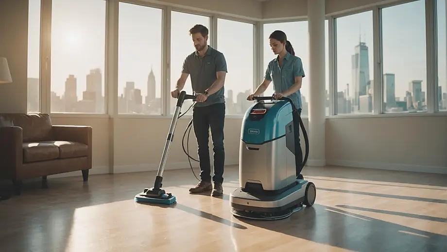 A customer observes a professional using a floor cleaning machine in a bright, spacious room, showcasing the effectiveness of the service.