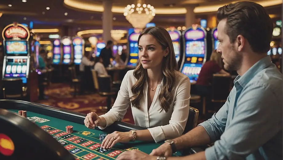 A customer and a professional discuss gaming options at a vibrant casino, surrounded by colorful slot machines and lively tables.