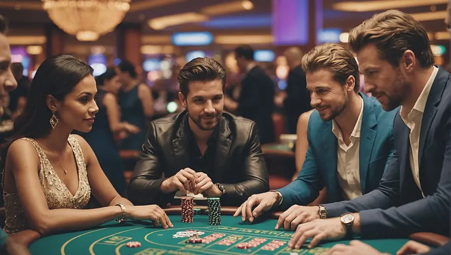 A diverse group of people gathered around a gaming table in a vibrant casino, with a casino operator engaging with players and managing the game.