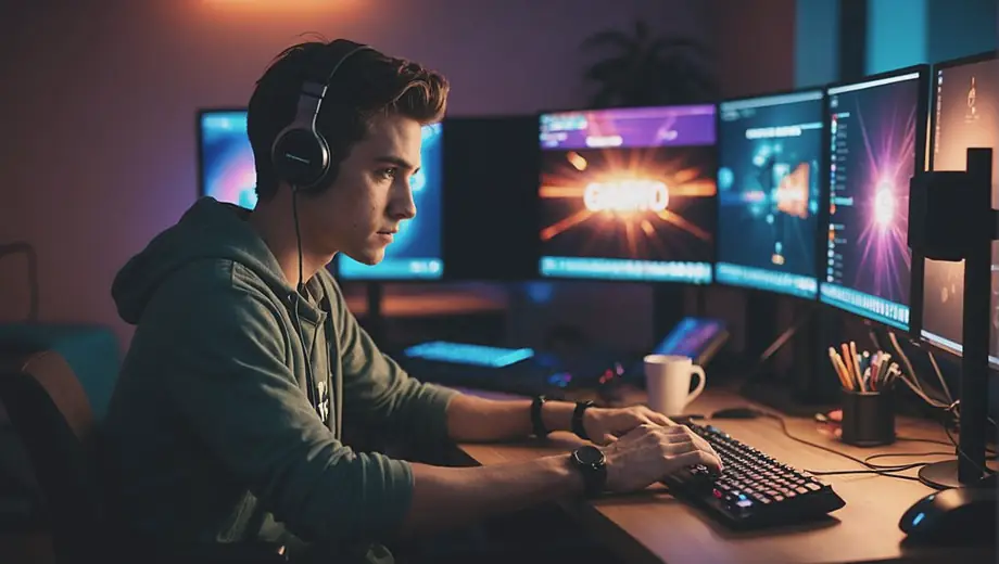 A person sitting at a computer desk, focused on a gaming service, with colorful LED lights illuminating the room.
