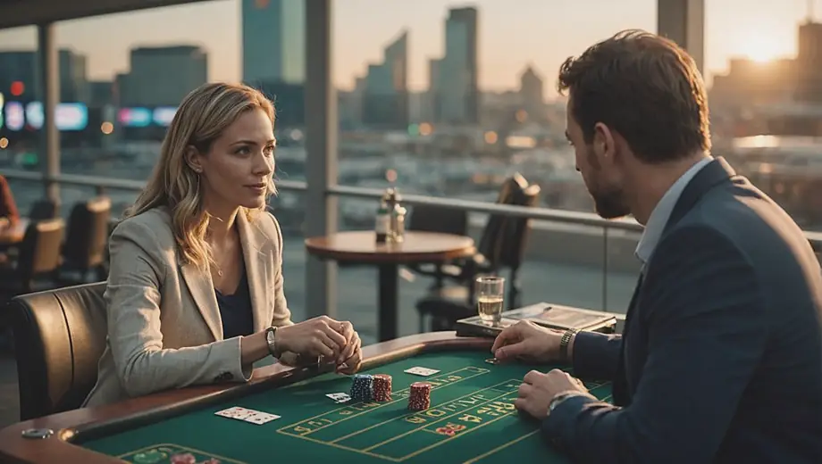 A customer engages in conversation with a professional from a gambling company on-site, discussing gaming options and services.