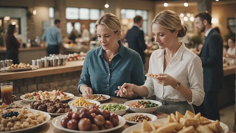 A customer discusses catering options with a professional on-site, surrounded by a beautifully arranged display of food and beverages.