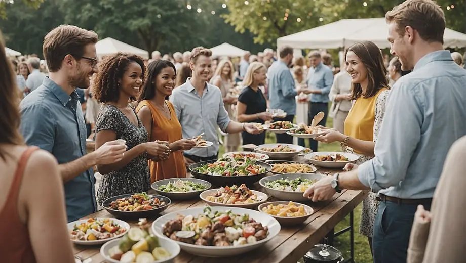 A diverse group of people enjoying a catered outdoor event, with a beautifully arranged buffet table and cheerful interactions among guests.