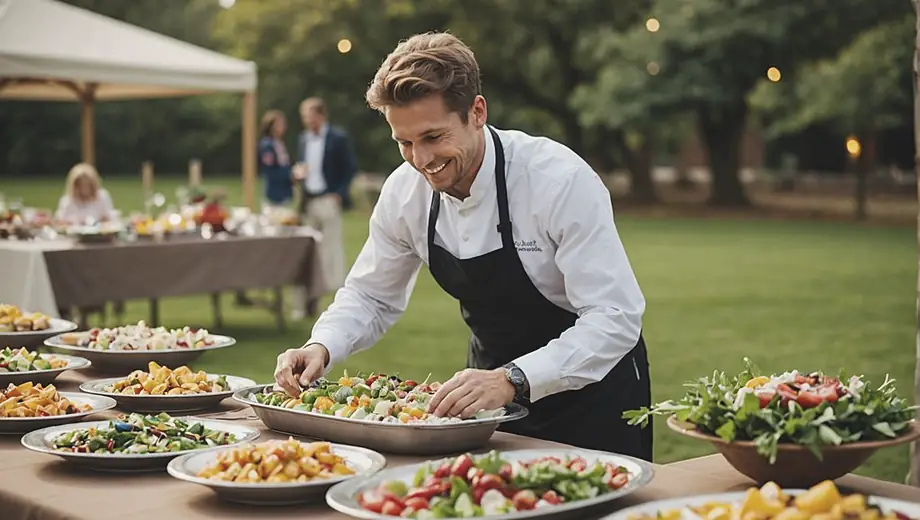 A smiling event caterer sets up a beautifully arranged buffet table, showcasing an array of colorful dishes and elegant decorations at an outdoor venue.
