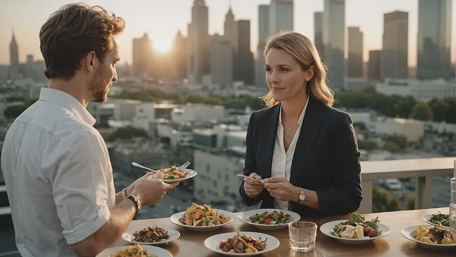 A customer discusses menu options with a professional caterer on-site, surrounded by an array of beautifully arranged dishes for corporate catering.