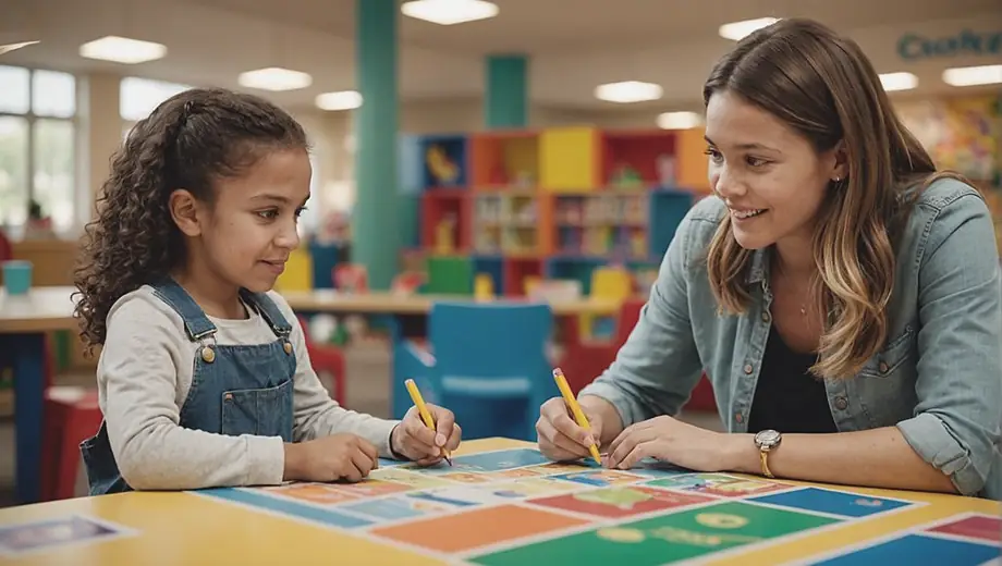 A customer discusses childcare options with a professional on site, both engaged in a friendly conversation surrounded by colorful educational materials and play areas.