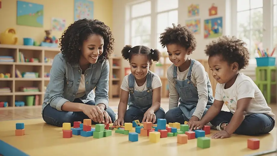 A diverse group of children playing and learning together in a bright and cheerful daycare center, with caregivers engaging and supervising their activities.