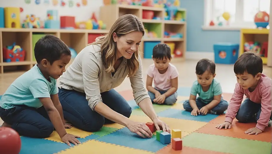 A preschool teacher kneels on the colorful play mat, engaging with a group of children as they explore educational toys and activities in a bright classroom.