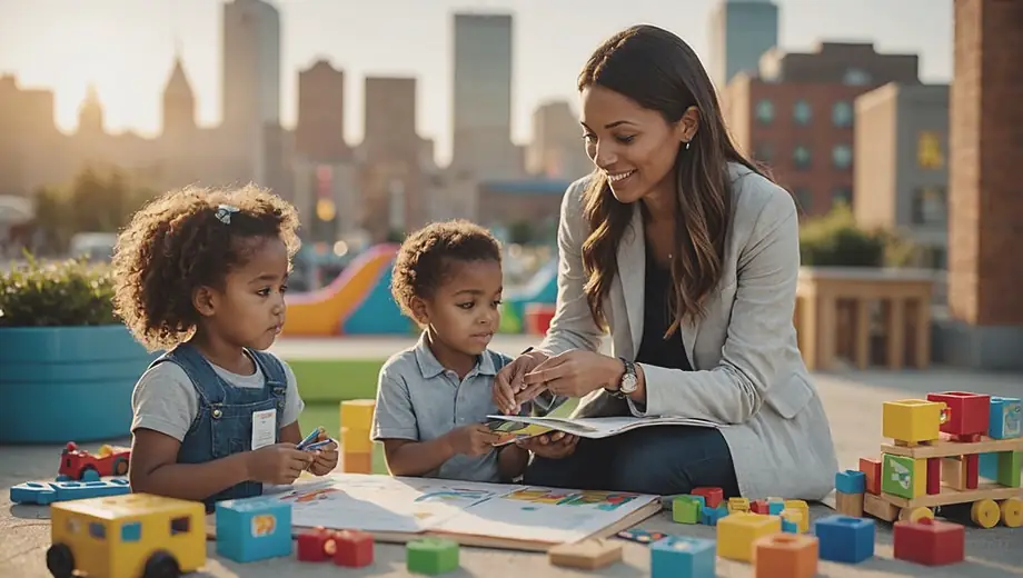 A customer discusses childcare service options with a professional on site, surrounded by colorful educational materials and toys, highlighting a welcoming environment for children.