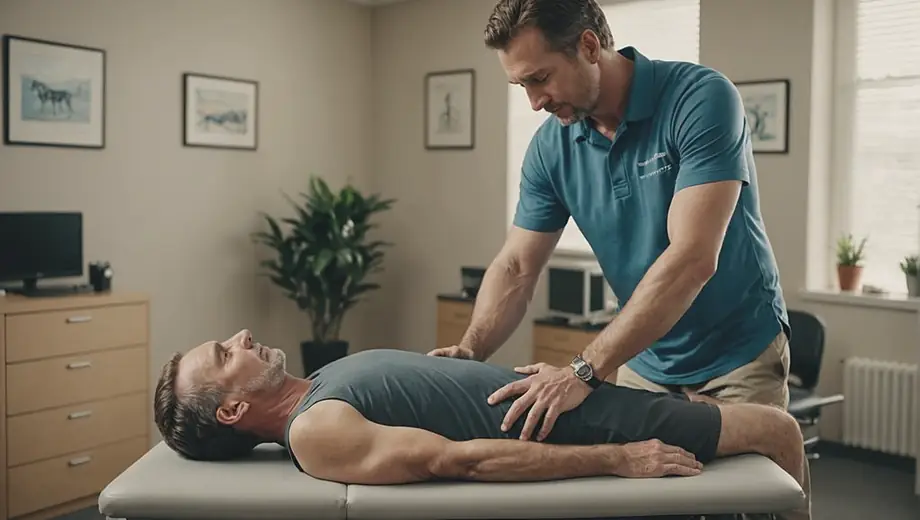 A chiropractor adjusts a patient's spine in a bright, welcoming clinic, demonstrating a hands-on approach to chiropractic care while the customer looks relaxed and engaged.