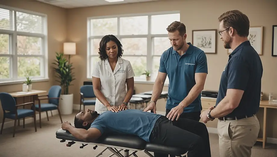 A diverse group of people receiving treatment at a chiropractic clinic, with a chiropractor adjusting a patient's back while others wait in a welcoming, modern environment.