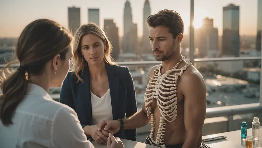 A customer consults with a professional on site about spine care, discussing treatment options while examining a spine model.