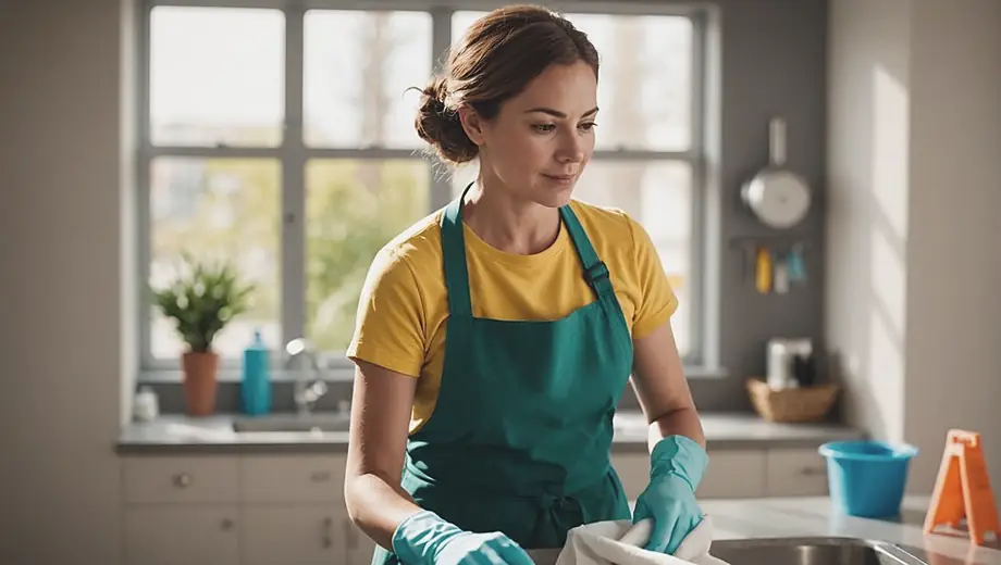 A customer and a professional discuss cleaning services at a residential property, with cleaning supplies and equipment visible in the background.