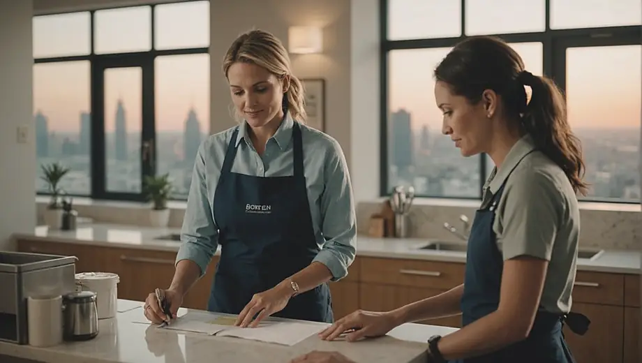 A customer discusses housekeeping services with a professional on-site, highlighting the importance of cleanliness and organization in their space.