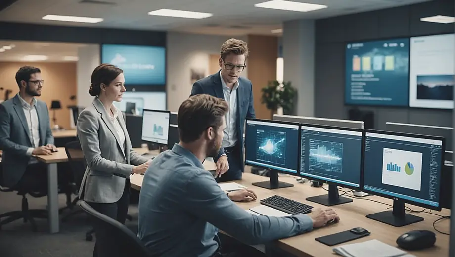 A customer and a professional discuss cloud computing solutions at a modern office, surrounded by laptops and digital displays showcasing data analytics and cloud infrastructure.