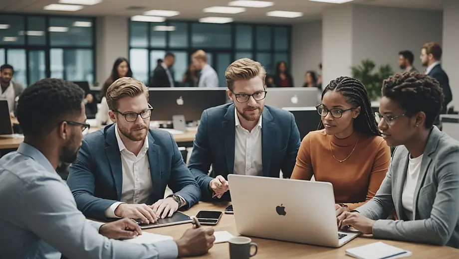 A diverse group of professionals collaborates in a modern office, discussing strategies for optimizing their cloud service provider solutions on laptops and digital devices.