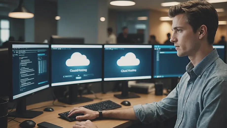 A person stands in front of a computer screen displaying cloud hosting services, focused on managing data and applications in a modern office environment.