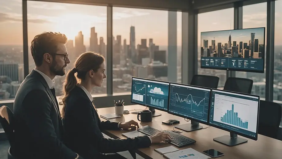A customer and a professional discuss cloud solutions at a modern office space, with laptops and digital screens displaying data analytics in the background.