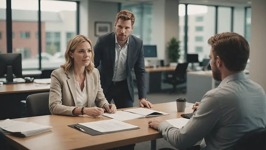 A customer and a professional discuss commercial leasing options on-site, surrounded by office space and leasing materials.