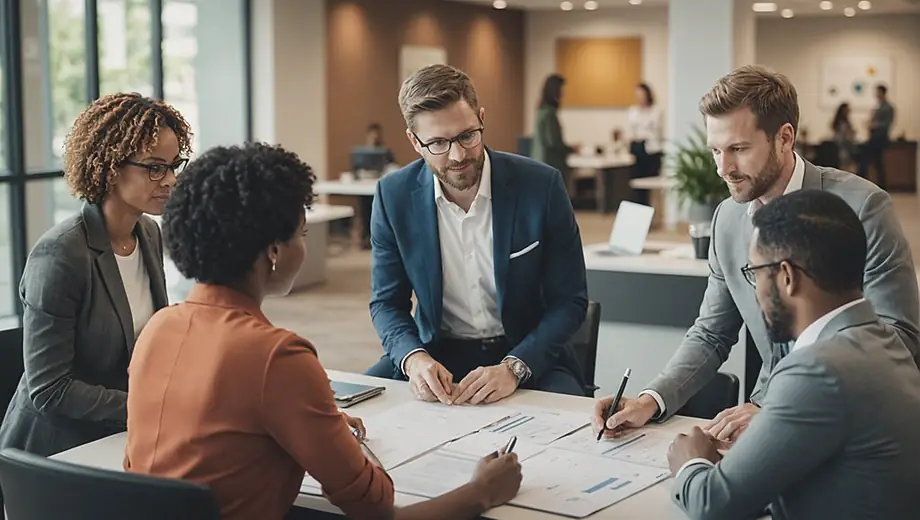 A diverse group of professionals discussing options at a commercial leasing service office, reviewing documents and plans together.