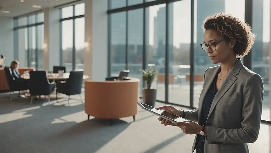 A professional individual stands in a modern office space, reviewing leasing options on a tablet, surrounded by sleek furniture and large windows.