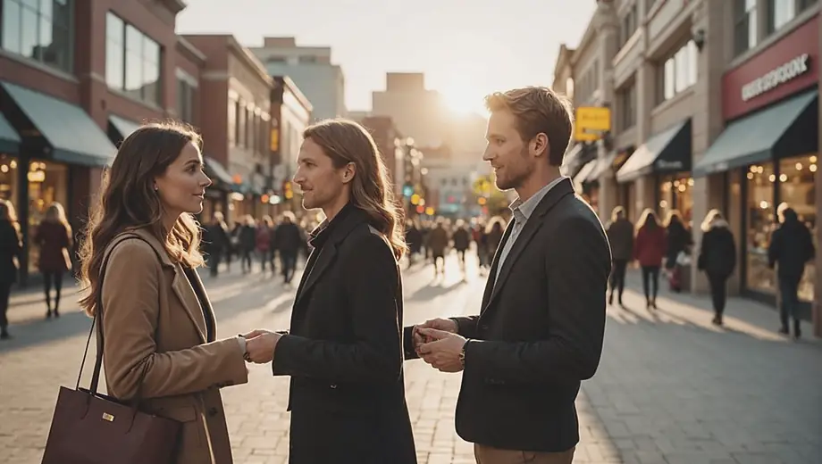 A customer and a professional discuss retail leasing options at a vibrant shopping center, surrounded by storefronts and bustling shoppers.