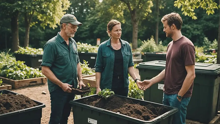 A customer and a professional discuss composting techniques on-site, surrounded by bins filled with organic materials and lush greenery.